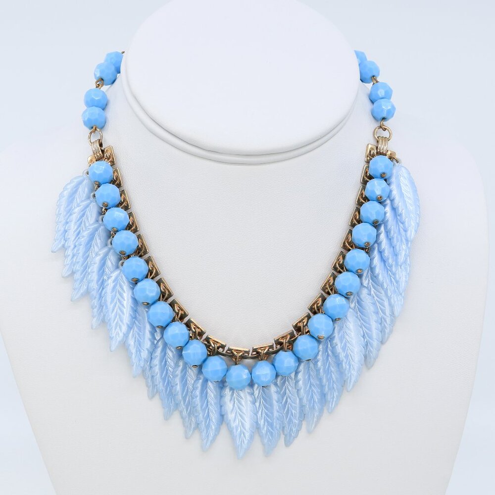Vintage Blue Moonglow Lucite Feather Fringe Necklace Mid Century 1950s